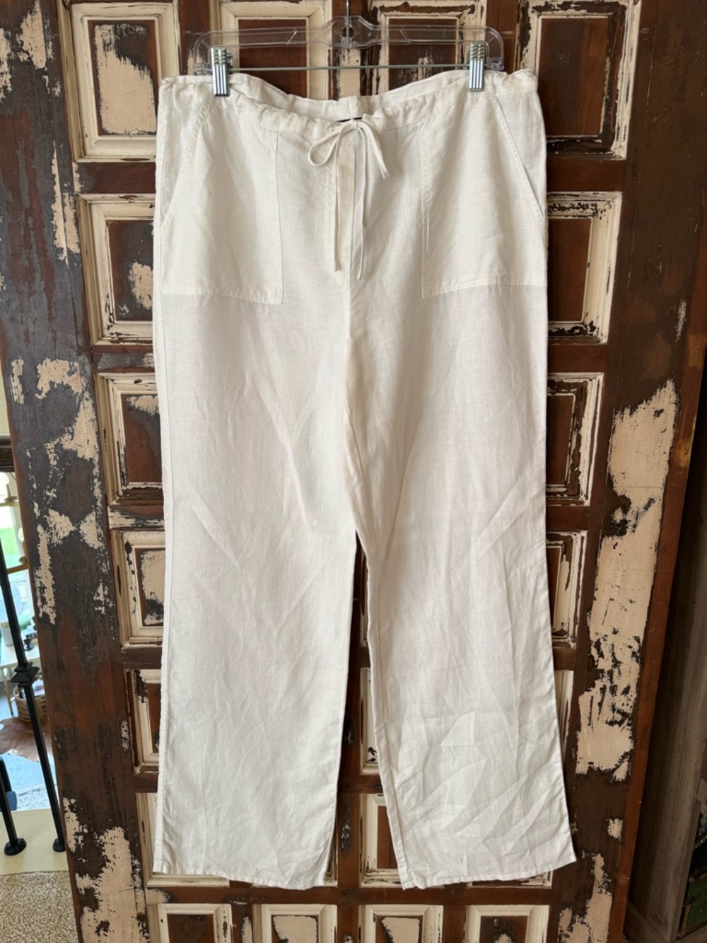 100 % Linen Lightweight White Drawstring Pants - M